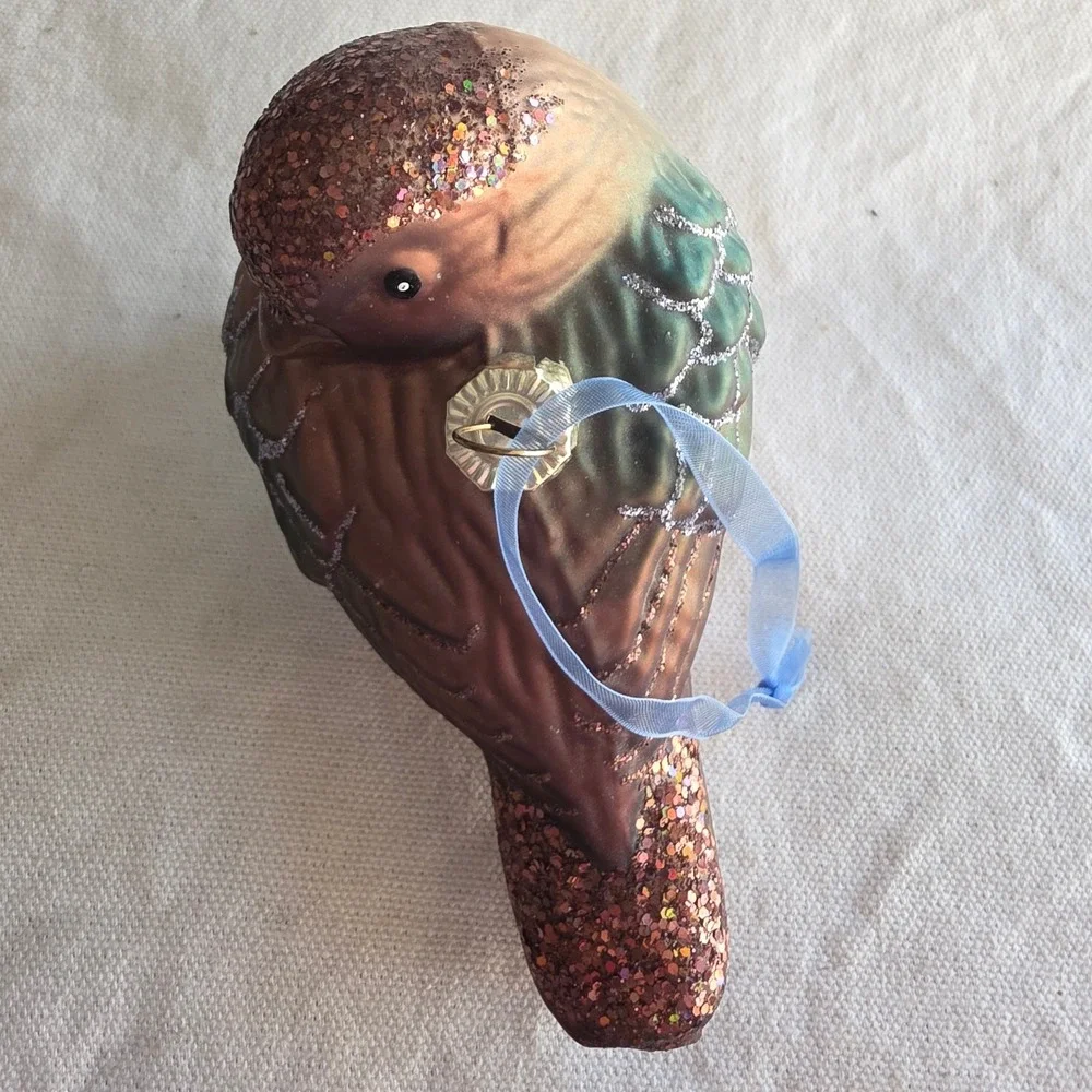 Hanging Blown Glass Bird Ornament Glitter Accents Copper Teal Blue 4.5 Inch